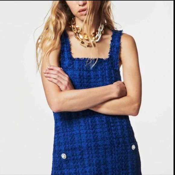 NWT Brand New: Zara textured tweed blue pinafore dress - Picture 3 of 8